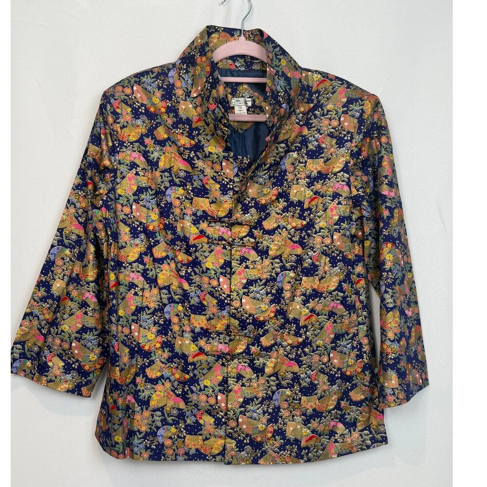 NWOT Grace Chuang New York 100% Silk Navy Floral Brocade Mandarin Jacket 1XL